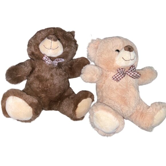 Kellujoy Original Brown & Pink Plush Teddy Bears With Checkered Bows Soft Cuddly - Picture 2 of 11
